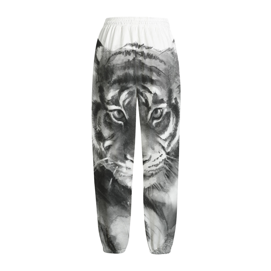 Monochrome Watercolor White Tiger Print Fleece Lined Knit Pants