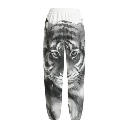 Monochrome Watercolor White Tiger Print Fleece Lined Knit Pants