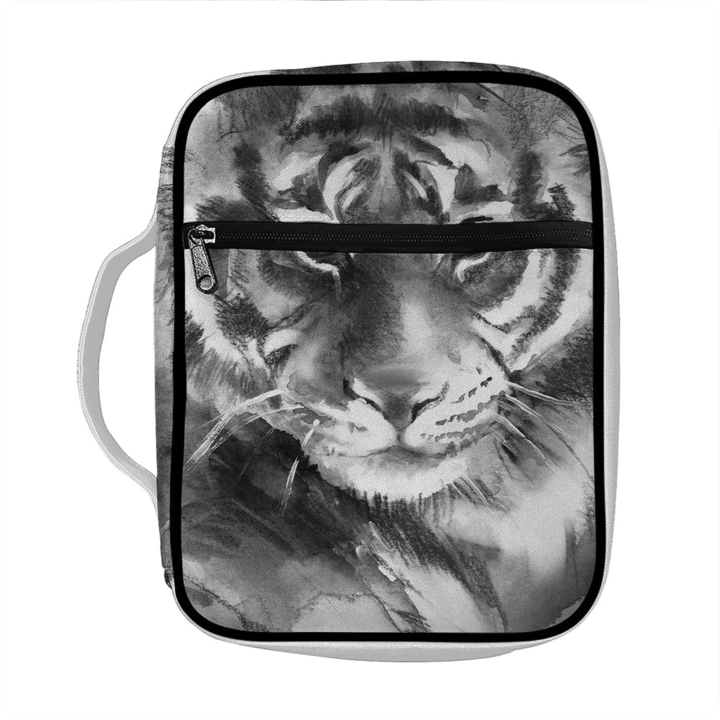Monochrome Watercolor White Tiger Print Front Pocket Bible Bag