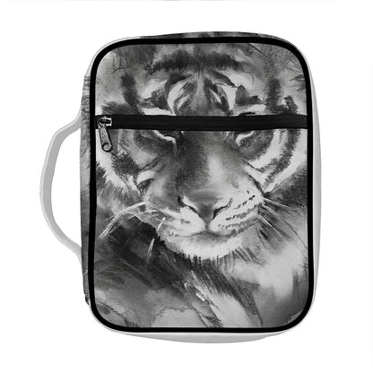 Monochrome Watercolor White Tiger Print Front Pocket Bible Bag