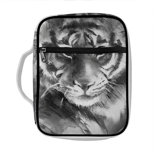 Monochrome Watercolor White Tiger Print Front Pocket Bible Bag