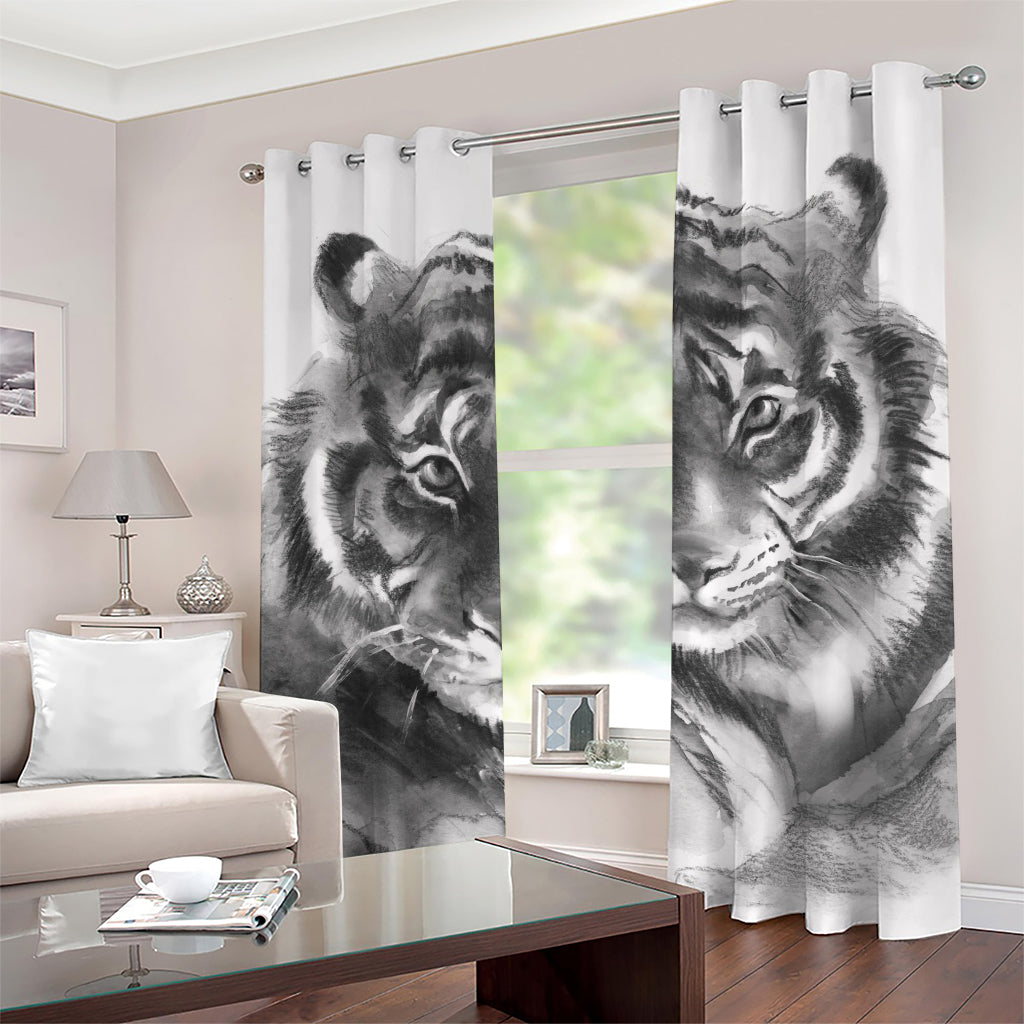 Monochrome Watercolor White Tiger Print Grommet Curtains