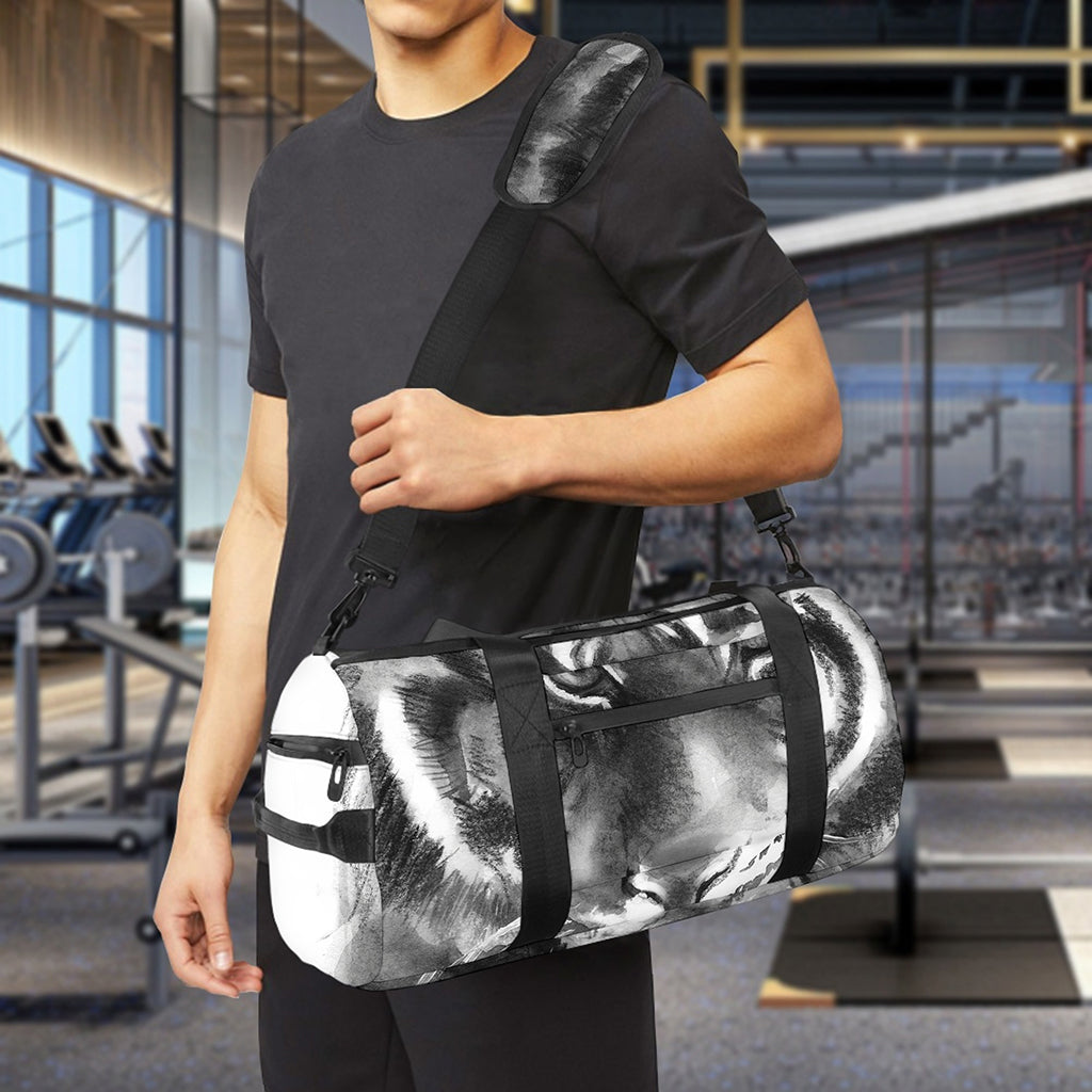 Monochrome Watercolor White Tiger Print Gym Bag