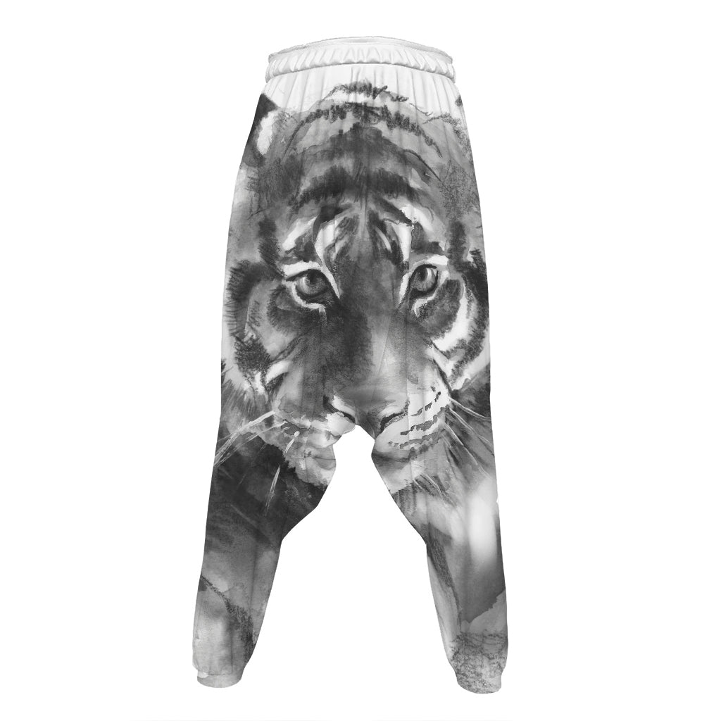 Monochrome Watercolor White Tiger Print Hammer Pants