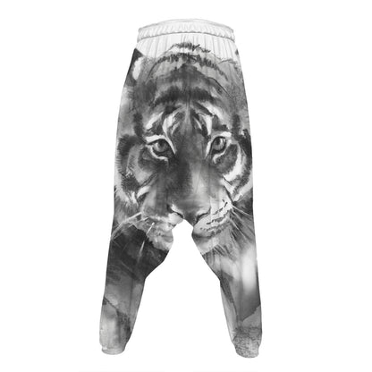 Monochrome Watercolor White Tiger Print Hammer Pants