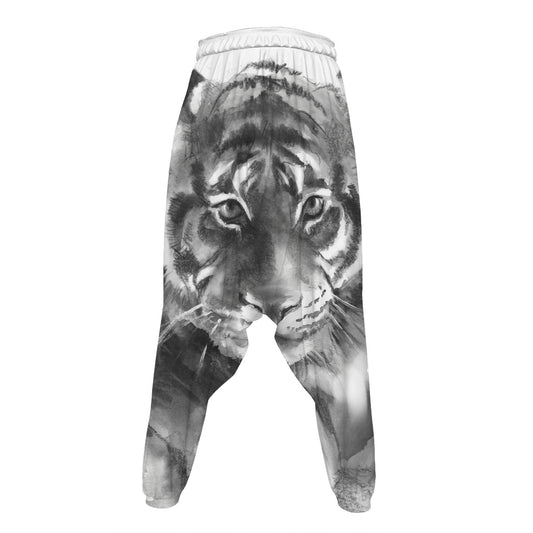 Monochrome Watercolor White Tiger Print Hammer Pants
