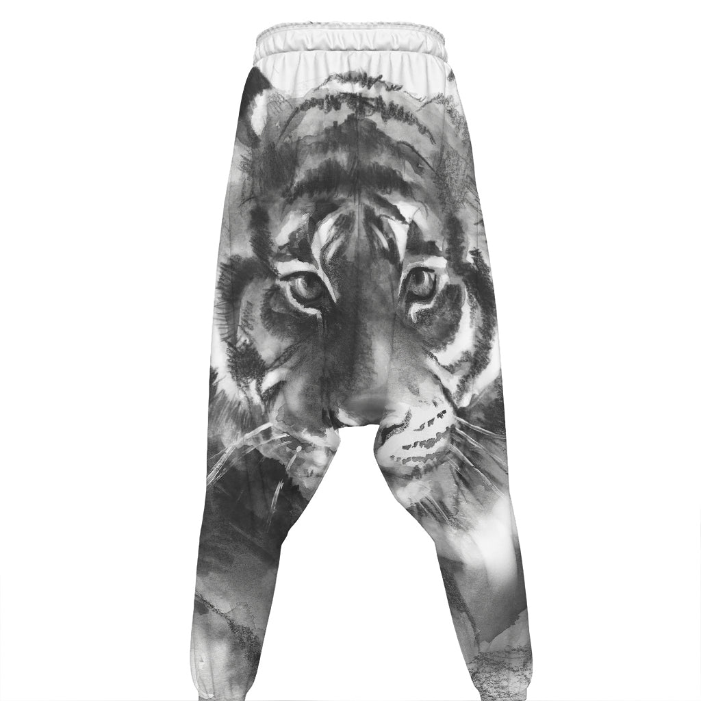 Monochrome Watercolor White Tiger Print Hammer Pants