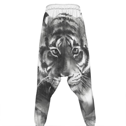 Monochrome Watercolor White Tiger Print Hammer Pants
