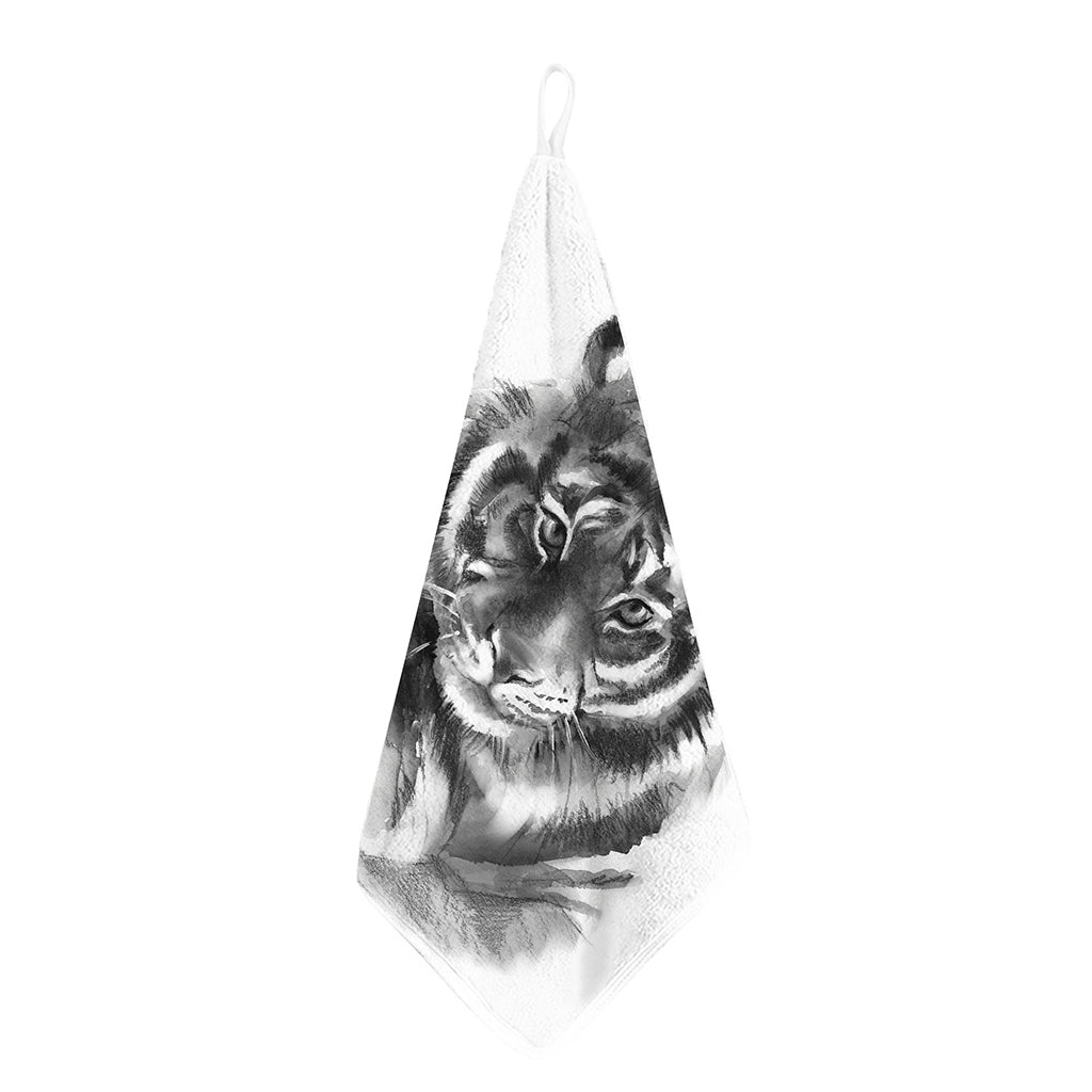 Monochrome Watercolor White Tiger Print Hand Towel