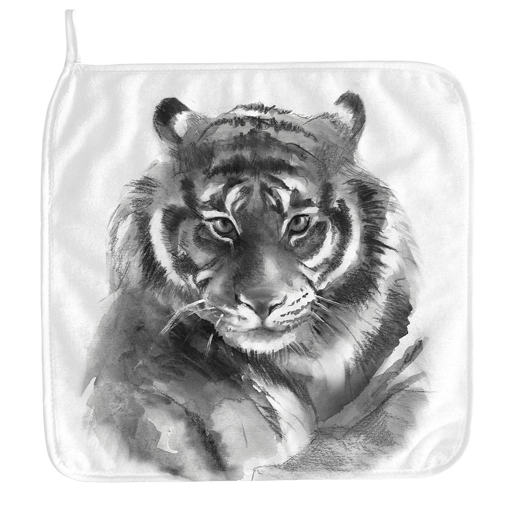 Monochrome Watercolor White Tiger Print Hand Towel