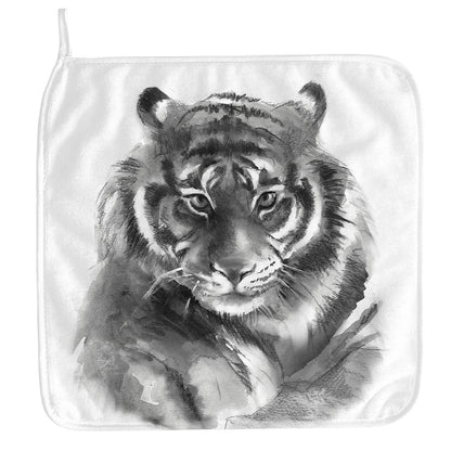 Monochrome Watercolor White Tiger Print Hand Towel