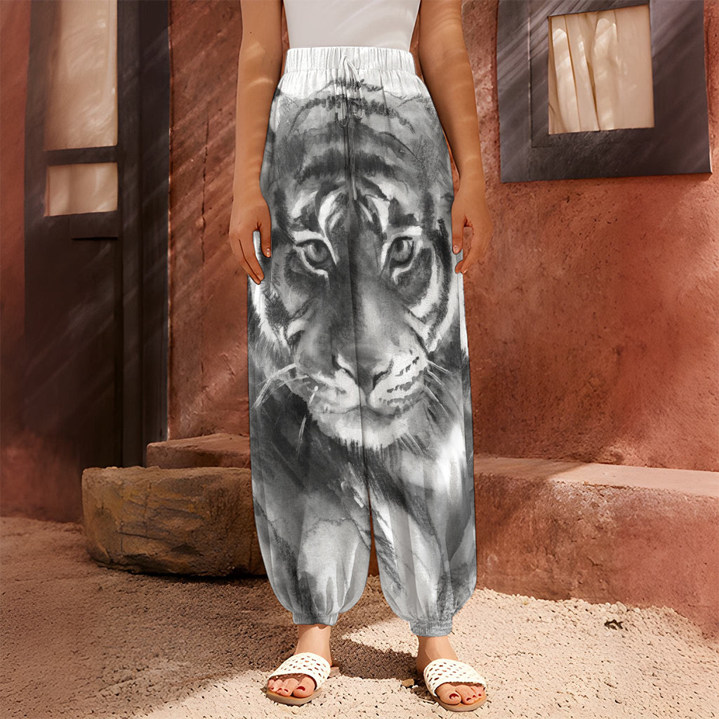 Monochrome Watercolor White Tiger Print Harem Pants
