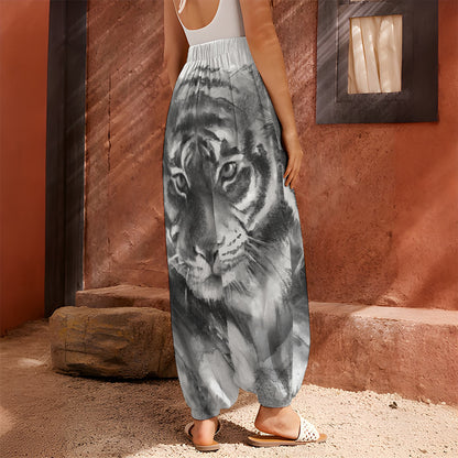 Monochrome Watercolor White Tiger Print Harem Pants