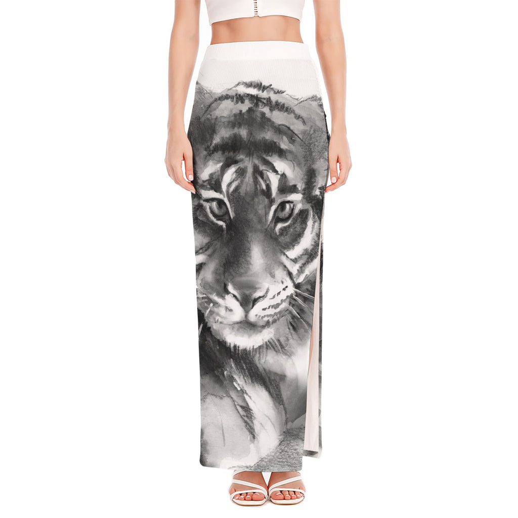 Monochrome Watercolor White Tiger Print High Slit Maxi Skirt