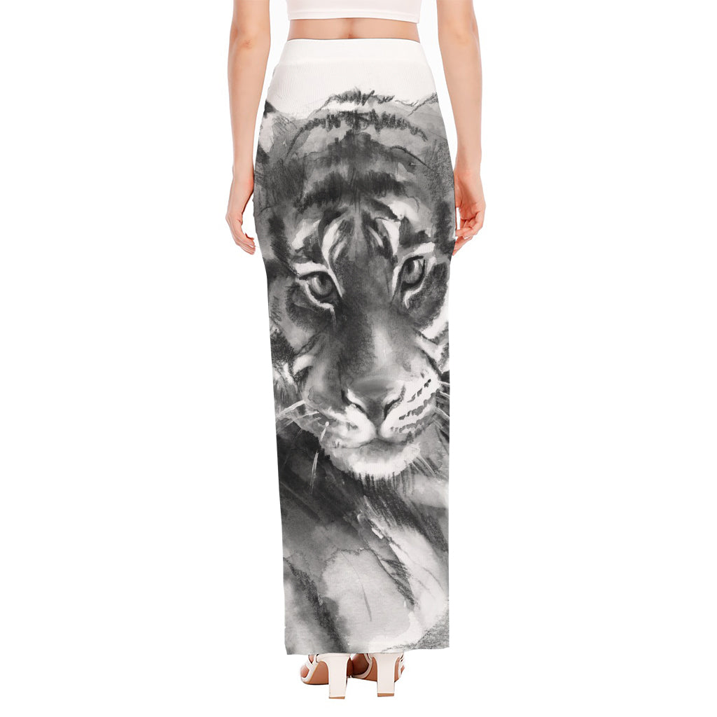 Monochrome Watercolor White Tiger Print High Slit Maxi Skirt