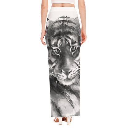 Monochrome Watercolor White Tiger Print High Slit Maxi Skirt