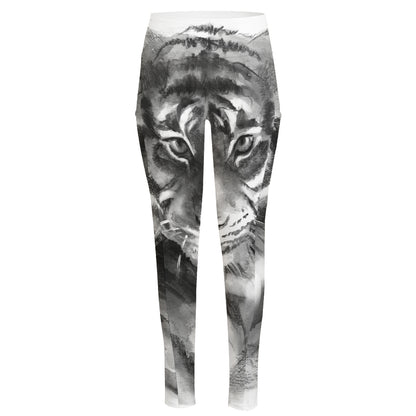 Monochrome Watercolor White Tiger Print High-Waisted Pocket Leggings