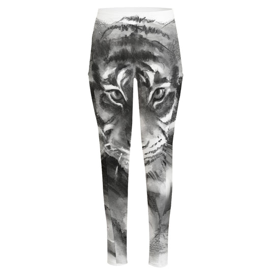 Monochrome Watercolor White Tiger Print High-Waisted Pocket Leggings