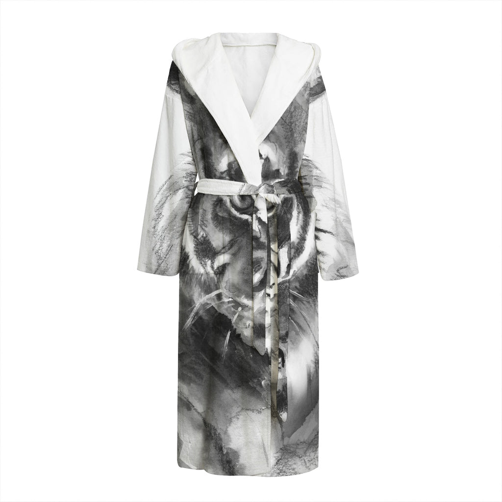 Monochrome Watercolor White Tiger Print Hooded Bathrobe