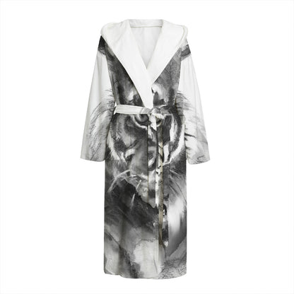 Monochrome Watercolor White Tiger Print Hooded Bathrobe