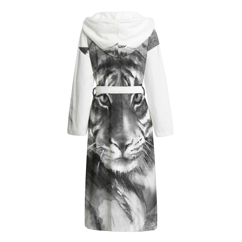 Monochrome Watercolor White Tiger Print Hooded Bathrobe