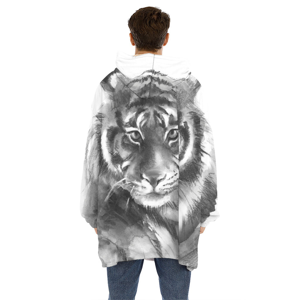 Monochrome Watercolor White Tiger Print Hoodie Blanket