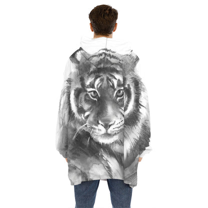 Monochrome Watercolor White Tiger Print Hoodie Blanket