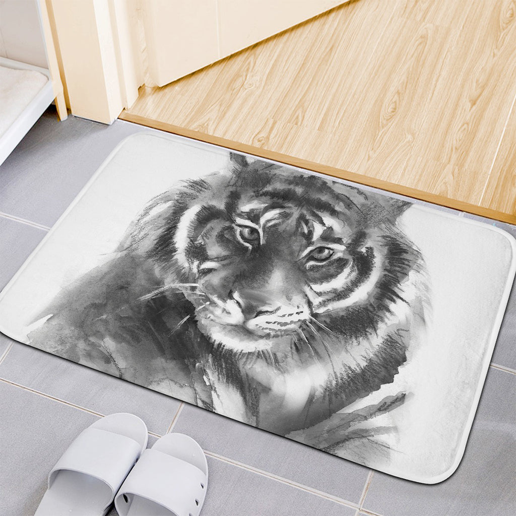 Monochrome Watercolor White Tiger Print Indoor Door Mat