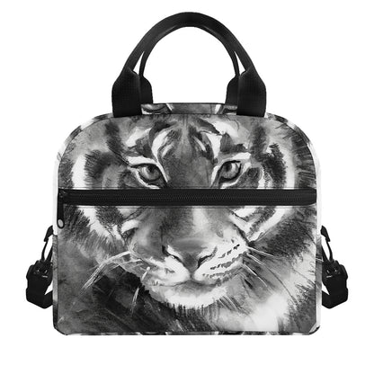 Monochrome Watercolor White Tiger Print Insulated Lunch Bag