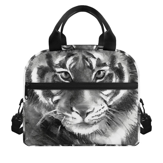 Monochrome Watercolor White Tiger Print Insulated Lunch Bag
