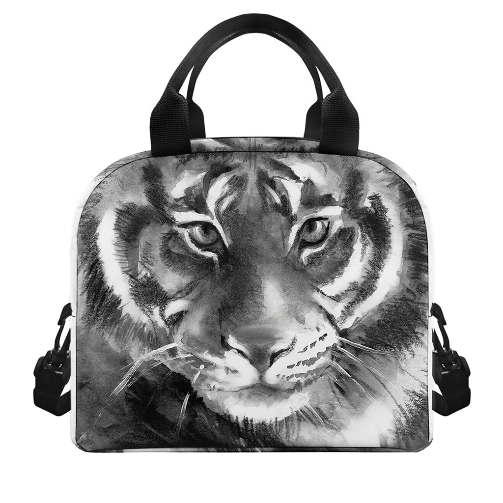 Monochrome Watercolor White Tiger Print Insulated Lunch Bag