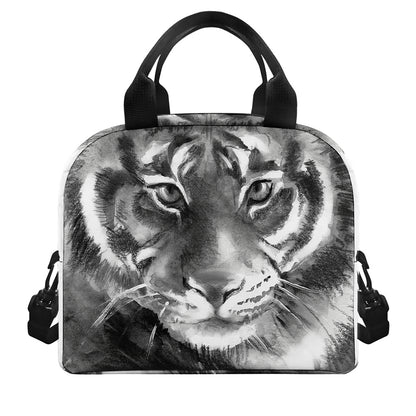 Monochrome Watercolor White Tiger Print Insulated Lunch Bag