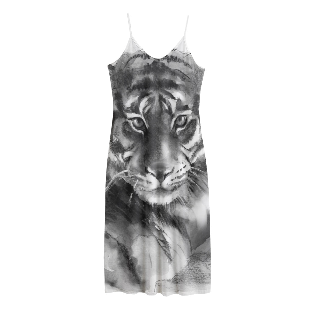 Monochrome Watercolor White Tiger Print Jersey Midi Cami Dress