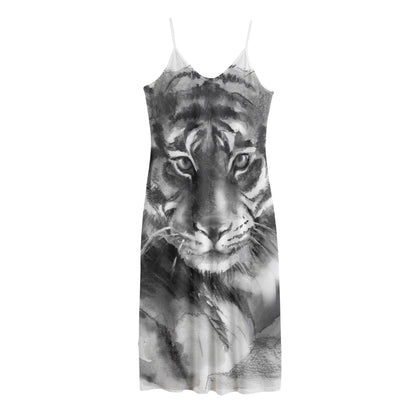 Monochrome Watercolor White Tiger Print Jersey Midi Cami Dress