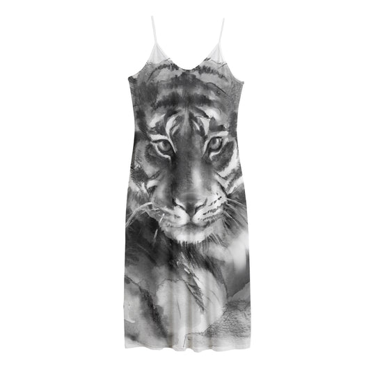 Monochrome Watercolor White Tiger Print Jersey Midi Cami Dress