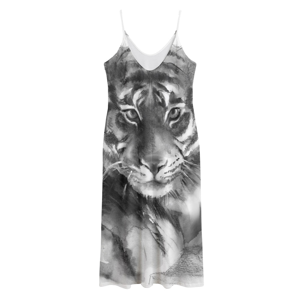 Monochrome Watercolor White Tiger Print Jersey Midi Cami Dress