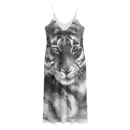 Monochrome Watercolor White Tiger Print Jersey Midi Cami Dress