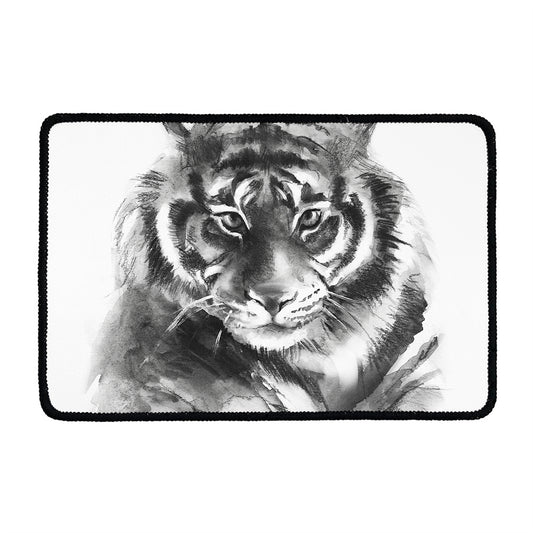 Monochrome Watercolor White Tiger Print Kitchen Mat