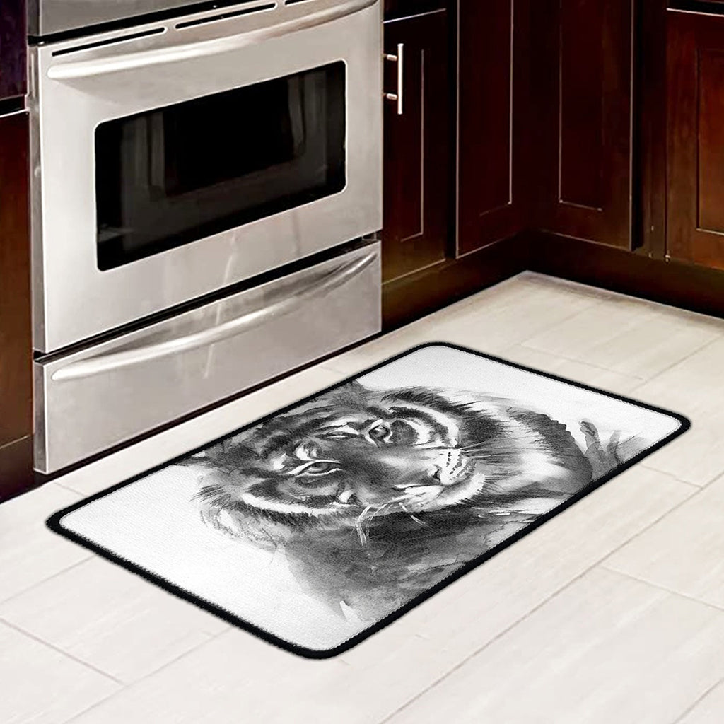 Monochrome Watercolor White Tiger Print Kitchen Mat