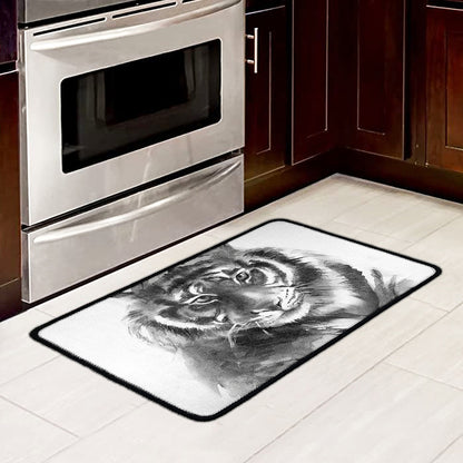 Monochrome Watercolor White Tiger Print Kitchen Mat
