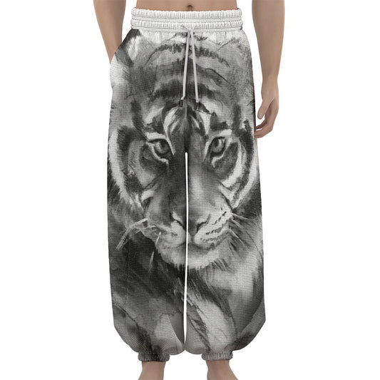 Monochrome Watercolor White Tiger Print Lantern Pants
