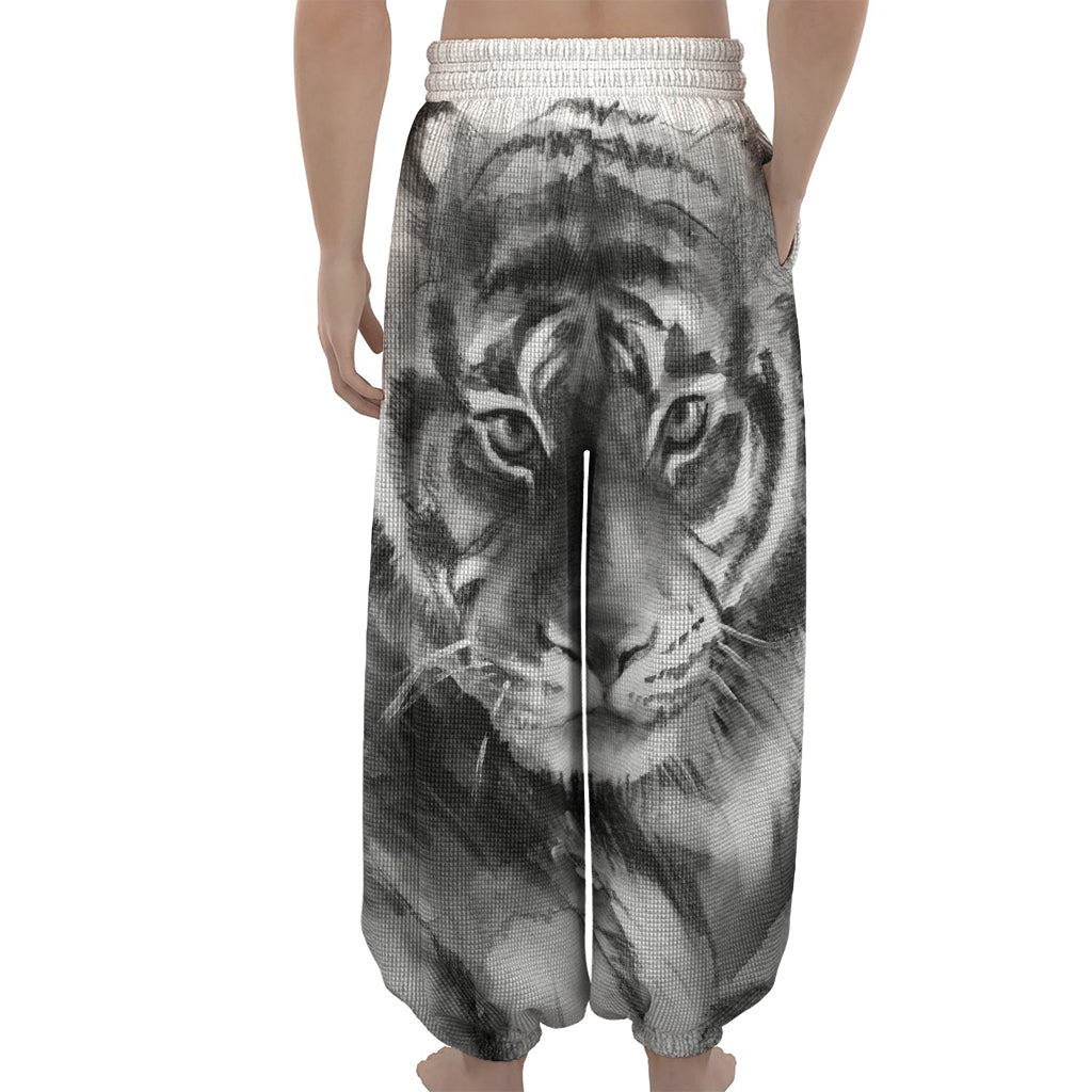 Monochrome Watercolor White Tiger Print Lantern Pants