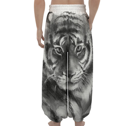 Monochrome Watercolor White Tiger Print Lantern Pants