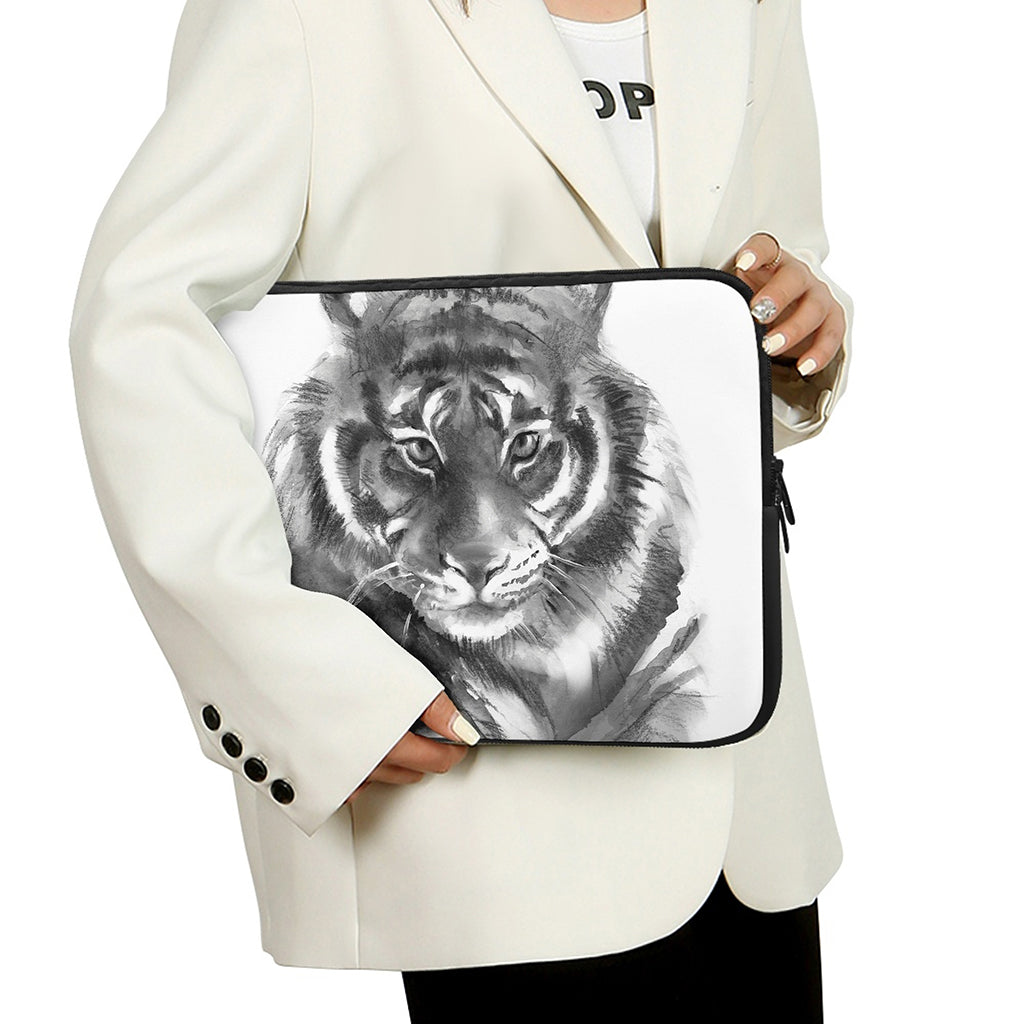 Monochrome Watercolor White Tiger Print Laptop Sleeve
