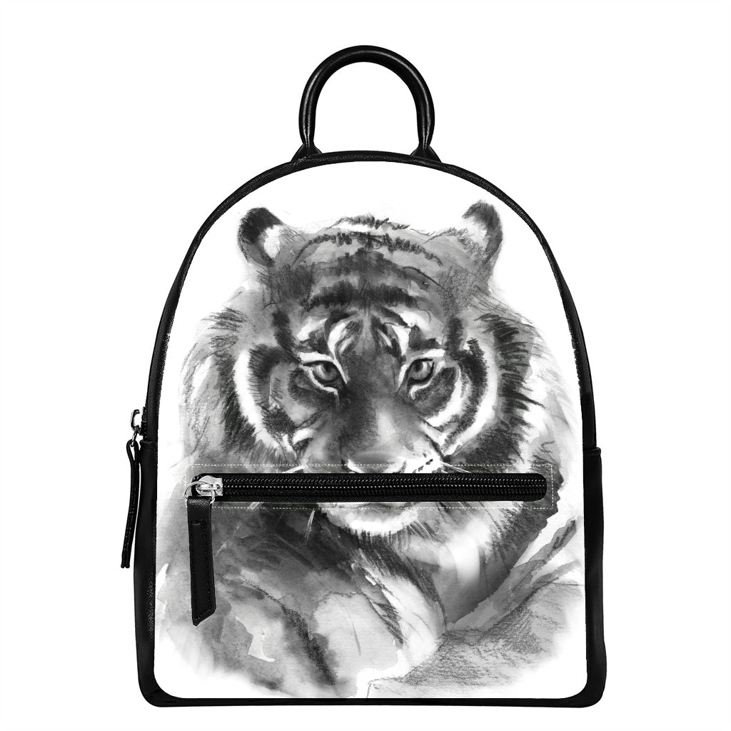 Monochrome Watercolor White Tiger Print Leather Backpack