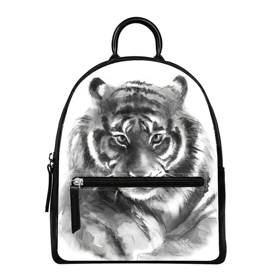 Monochrome Watercolor White Tiger Print Leather Backpack