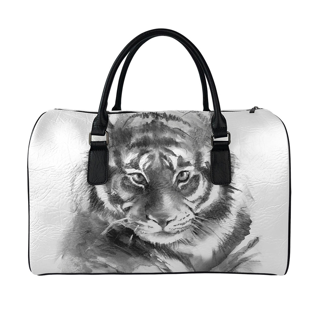 Monochrome Watercolor White Tiger Print Leather Duffle Bag