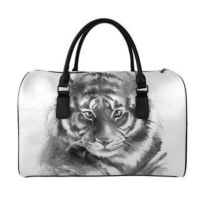 Monochrome Watercolor White Tiger Print Leather Duffle Bag