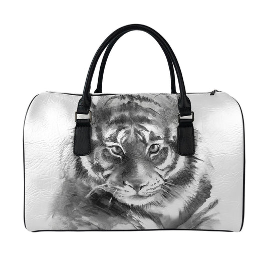 Monochrome Watercolor White Tiger Print Leather Duffle Bag
