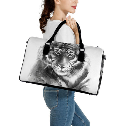 Monochrome Watercolor White Tiger Print Leather Duffle Bag